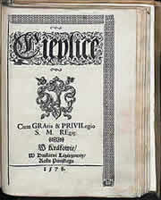 Strona tytułowa dzieła dr. Wojciecha Oczki z 1578 r. „Cieplice”, poświęconego wodom w Szkle koło Jaworowa