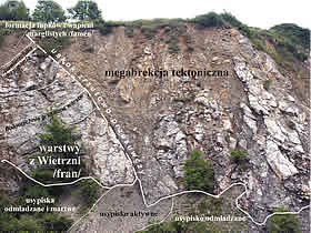 Kontakt brekcji tektonicznej z warstwami z Wietrzni w strefie uskoku przesuwczego. Filar we wschodniej części wyrobisk Międzygórza