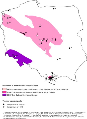 Occurrence of thermal waters in Poland