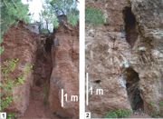 Lej krasowy (1) i studnia krasowa (2) w zlepieńcach permu na drugim poziomie eksploatacyjnym wschodniej ściany kamieniołomu