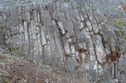Fragment profilu dewońskich wapieni w kamieniołomie na zachodnim zboczu Góry Zamkowej (w kółku widoczny młotek)